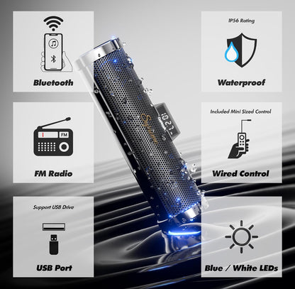 Motorcycle Speakers Bluetooth 6-Speaker Radio Audio SystemWaterproof Aluminum Sound Bar, Built-in Amp, LED light, Remote Control, FM Radio/USB/AUX