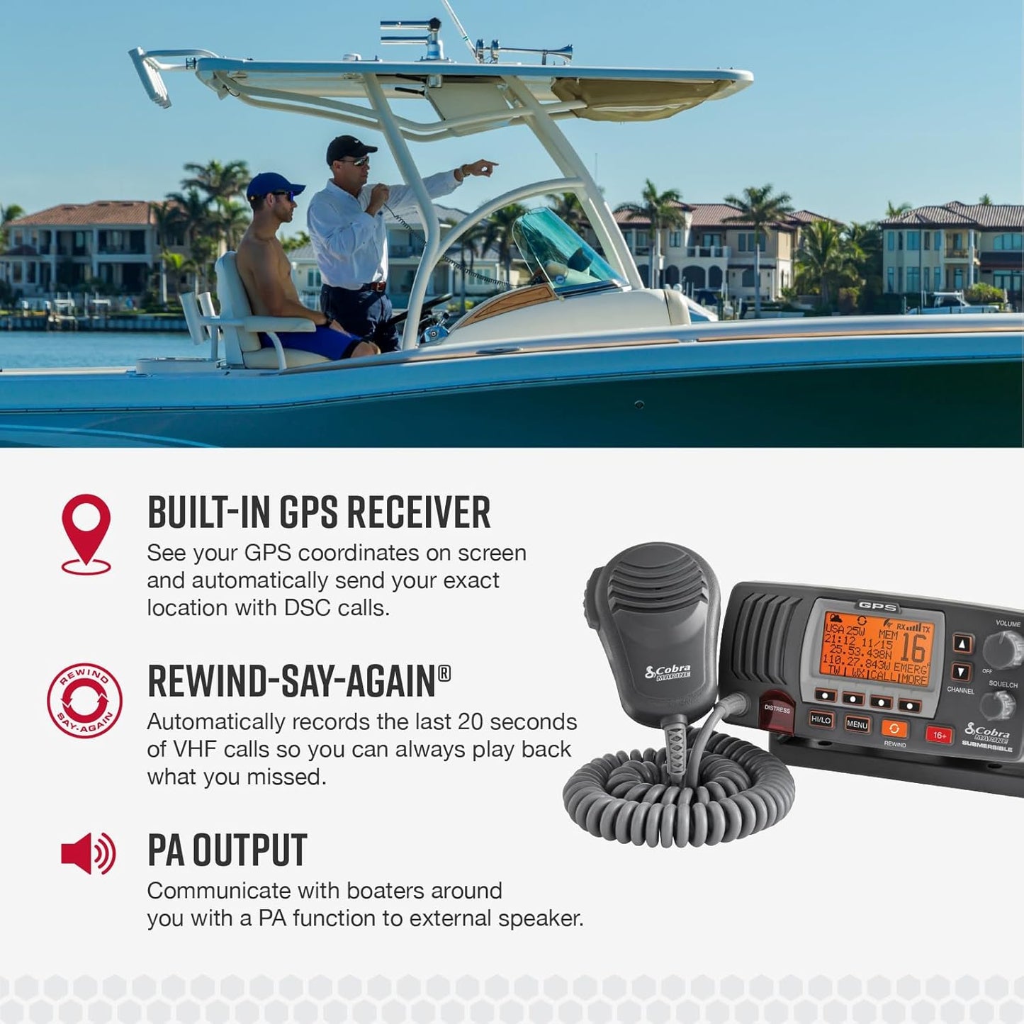 Cobra MR F77B GPS Vaste Monteer VHF Mariene Radio – 25 Watt VHF, Ingeboude GPS Ontvanger, Dompelbaar, LCD Skerm, Geraasdempende Mikrofoon, NOAA Weer, Seinsterkte Meter, Skandeer Kanale, Swart/Grys