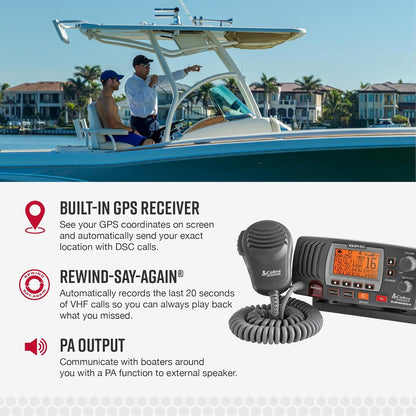Cobra MR F77B GPS Vaste Monteer VHF Mariene Radio – 25 Watt VHF, Ingeboude GPS Ontvanger, Dompelbaar, LCD Skerm, Geraasdempende Mikrofoon, NOAA Weer, Seinsterkte Meter, Skandeer Kanale, Swart/Grys
