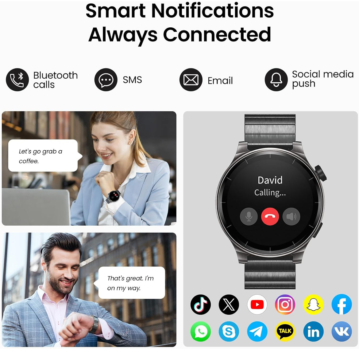 LED S5 Smart Watch 1.43" HD Sport Modes Fitness w/ Sleep Monitor, IP68 Waterproof, Stainless Steel Band