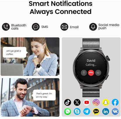 LED S5 Smart Watch 1.43" HD Sport Modes Fitness w/ Sleep Monitor, IP68 Waterproof, Stainless Steel Band