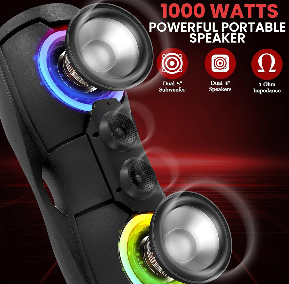 Portable Bluetooth PA Speaker System - 1000W Indoor/Outdoor Bluetooth Speaker PA System w/TWS, Recorder, Microphone in, Party Lights, USB SD Card Reader, FM Radio, Rolling Wheels PPHP82LB,Black