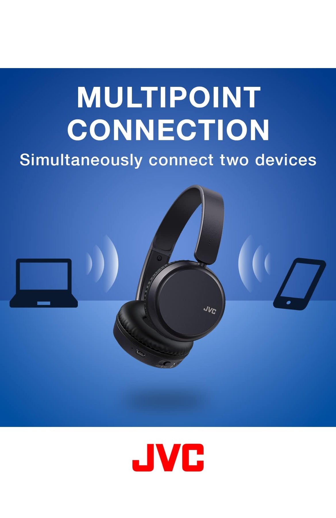 JVC Deep Bass Wireless Headphones, Bluetooth 5.2, Built-in EQ (Bass/Clear/Normal), Multi-Point Connection, Voice Assistant Compatible, 35 Hour Battery Life - HAS36WA (Blue), Small