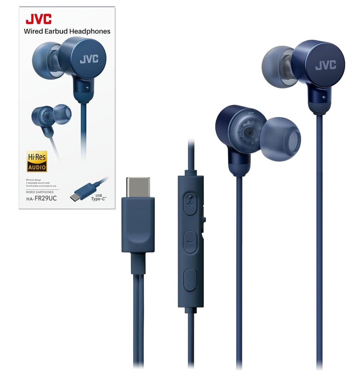 Écouteurs USB-C filaires JVC – Isolation phonique – DAC – Audio haute résolution – Micro intégré avec fonction mute – Embouts en silicone confortables – Télécommande 3 boutons – Plug & Play – HAFR29UC