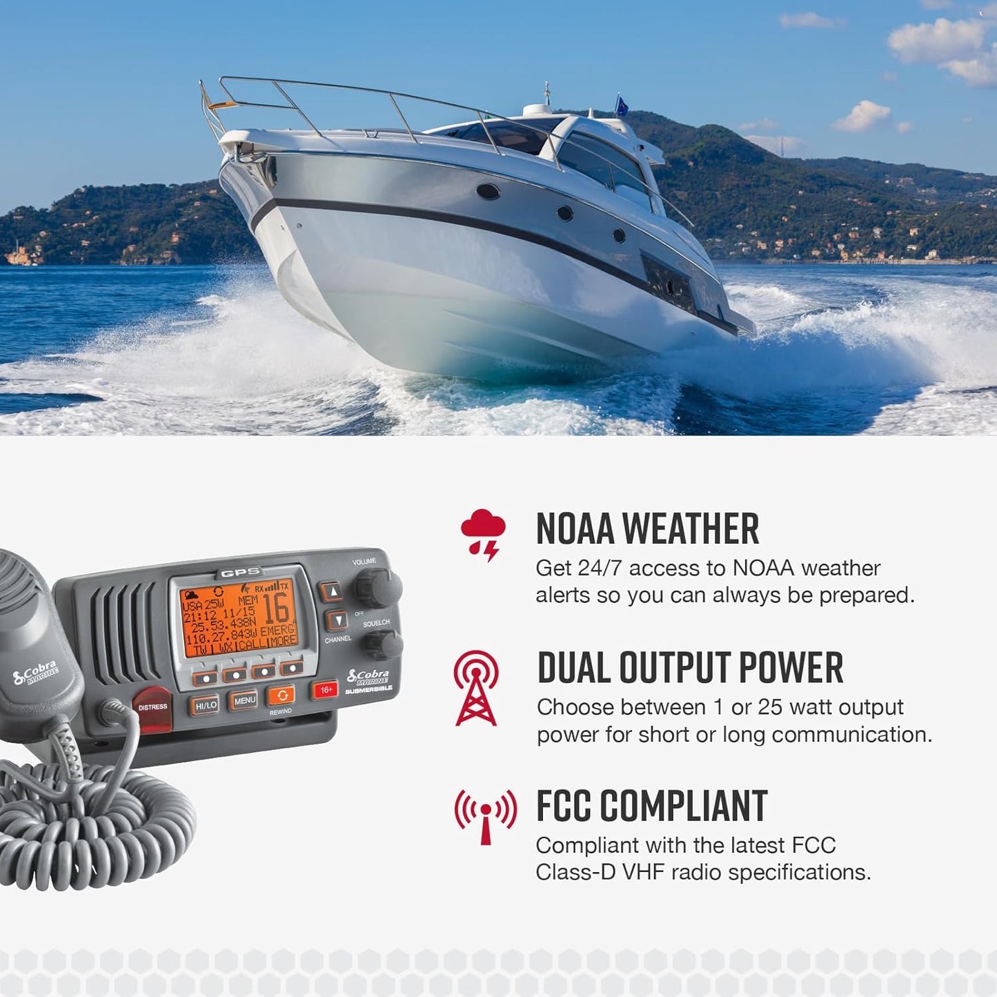 Cobra MR F77B GPS Vaste Monteer VHF Mariene Radio – 25 Watt VHF, Ingeboude GPS Ontvanger, Dompelbaar, LCD Skerm, Geraasdempende Mikrofoon, NOAA Weer, Seinsterkte Meter, Skandeer Kanale, Swart/Grys
