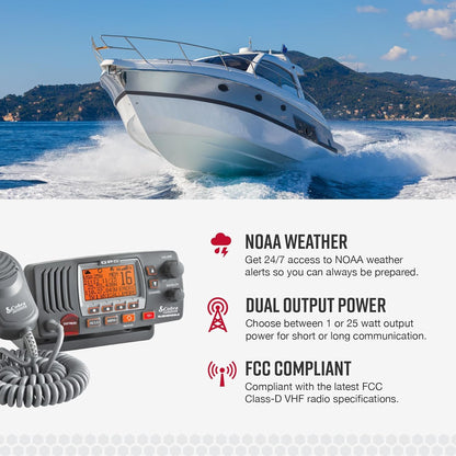 Cobra MR F77B GPS Vaste Monteer VHF Mariene Radio – 25 Watt VHF, Ingeboude GPS Ontvanger, Dompelbaar, LCD Skerm, Geraasdempende Mikrofoon, NOAA Weer, Seinsterkte Meter, Skandeer Kanale, Swart/Grys