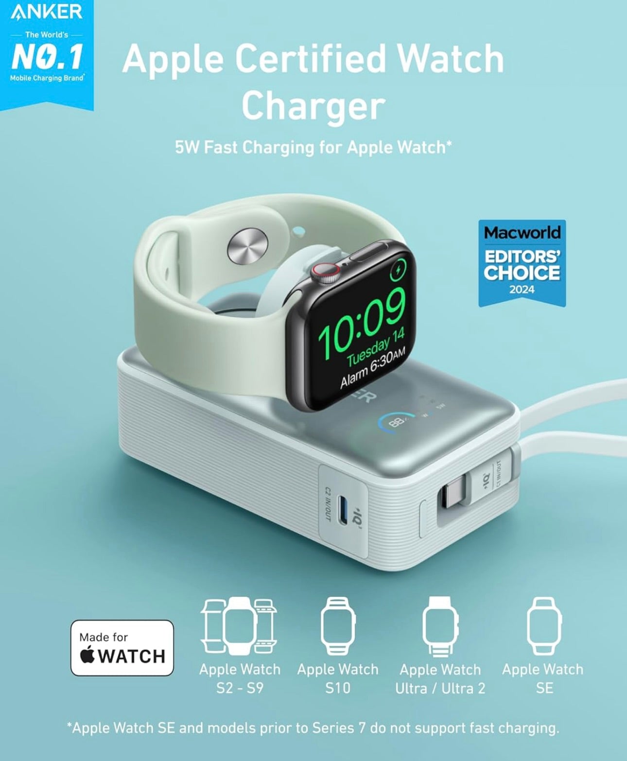 Anker MagGo Power Bank for Apple Watch, Officially Certified, 10,000 mAh Compact Battery - Green
