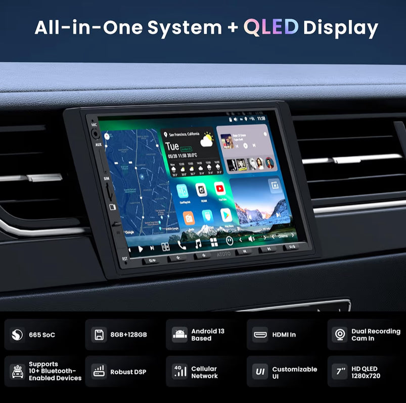 7" Dubbel-din Android-motorstereo in-dash navigasie, 4G LTE, draadlose CarPlay en Android Auto, 7.1.2-kanaal klank, dubbele Bluetooth, HDMI-invoer