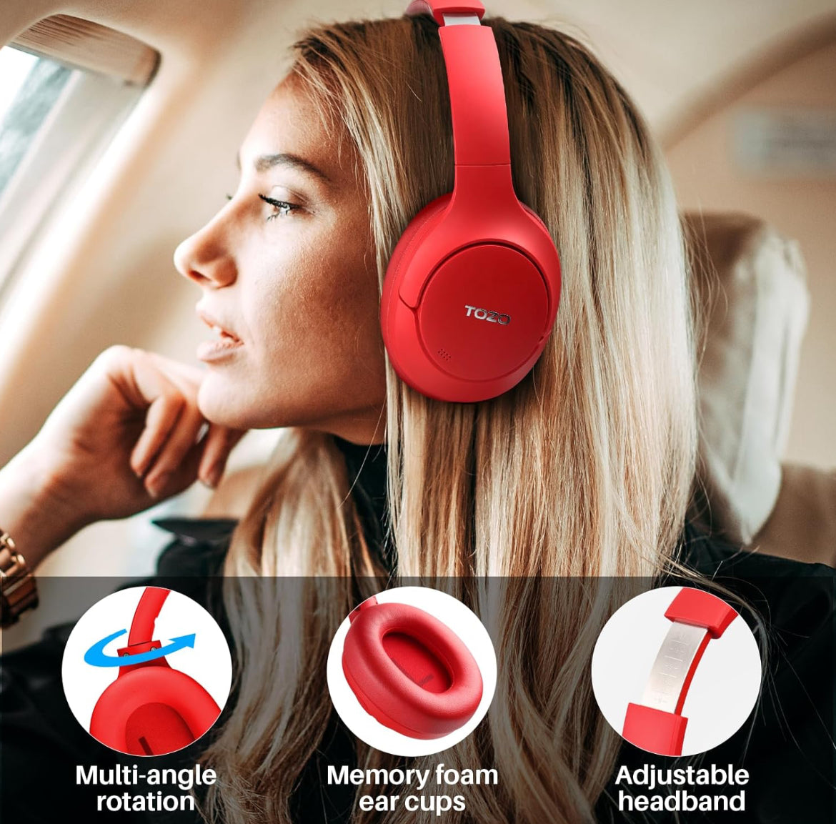 Hybrid Active Noise Cancelling Headphones, Wireless Over Ear Bluetooth, 40H Playtime, Hi-Res Audio Custom EQ, Comfort Fit Ear Cups (Red)