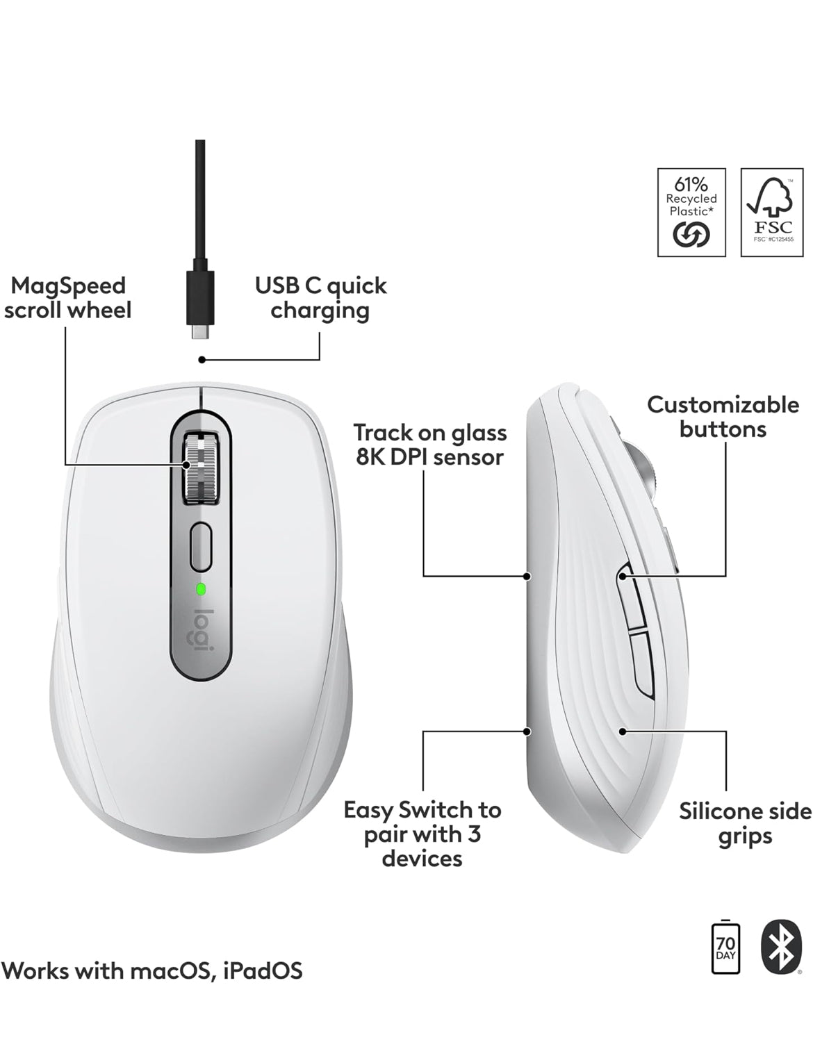 Logitech MX Anywhere 3S vir Mac, Kompakte Koordlose Bluetooth Muis, 8K DPI Enige-Oppervlak Opsporing, Stil Klieke, USB C, Koordlose Muis vir MacBook Pro, MacBook Air, iMac, iPad - Liggrys
