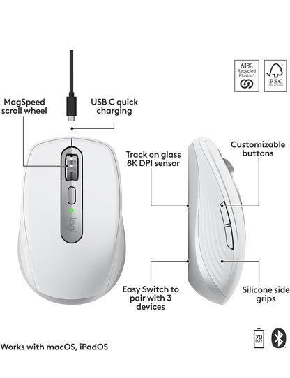 Logitech MX Anywhere 3S vir Mac, Kompakte Koordlose Bluetooth Muis, 8K DPI Enige-Oppervlak Opsporing, Stil Klieke, USB C, Koordlose Muis vir MacBook Pro, MacBook Air, iMac, iPad - Liggrys