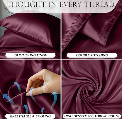 DECOLURE Satin Bed Sheets - 3 Piece Luxury Silky Twin Size Bedding Set - Softer Than Silk, Wrinkle-Free with 15” Deep Pocket Fitted Sheet, Perfect for Hair & Skin, Gifts for Women (Rosewood)
