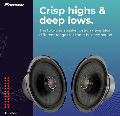 Pioneer TS-Z65F, 2-rigting koaksiale motoroudio luidsprekers, volle reeks, oop en gladde klankgehalte, maklike installasie en verbeterde bassreaksie, swart 6.5” ronde luidsprekers