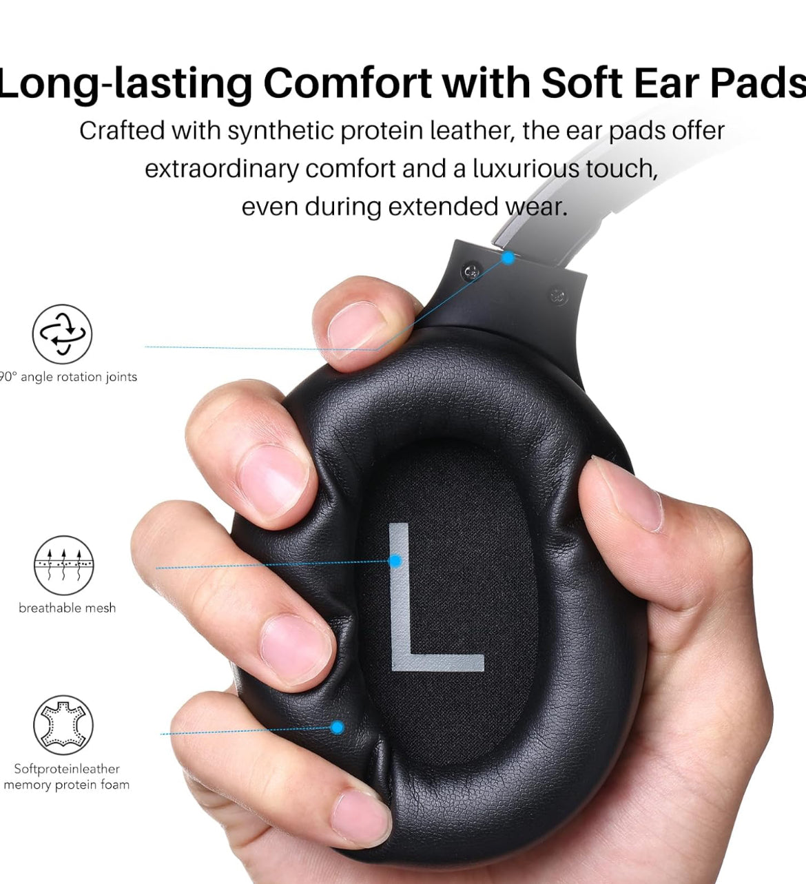 Hybrid Active Noise Cancelling Wireless Over Ear Bluetooth Headset, 60H Playtime, Hi-Res Audio Custom EQ via App Deep Bass - Black
