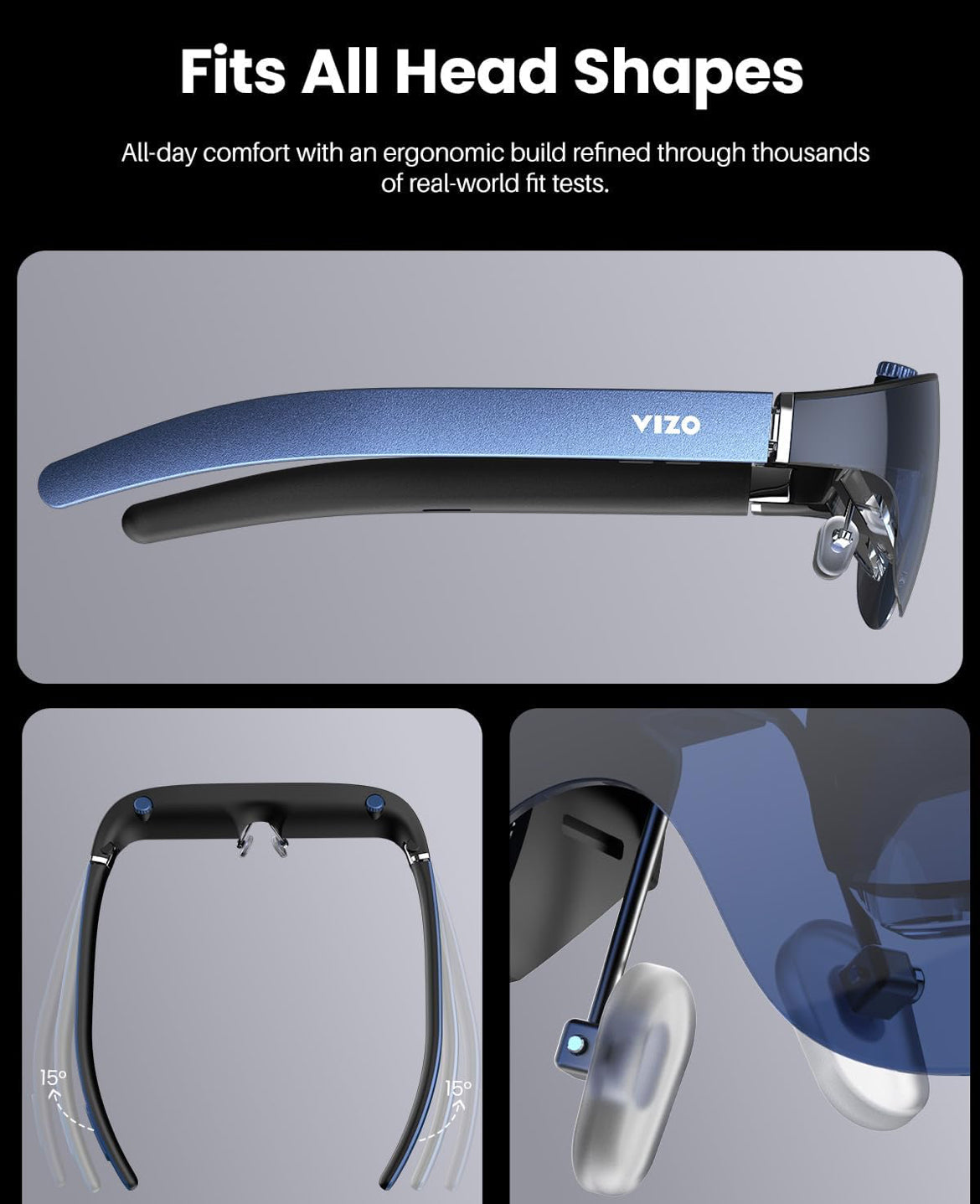 TOZO VIZO V1 AR Glasses with Ultra-Bright Display, Built-in Stereo Speakers, Adjustable Myopia Correction (0–500°), 118" Virtual Mega Screen, 2D/3D Mode Switching Compatible for iPhone/Mac/PC
