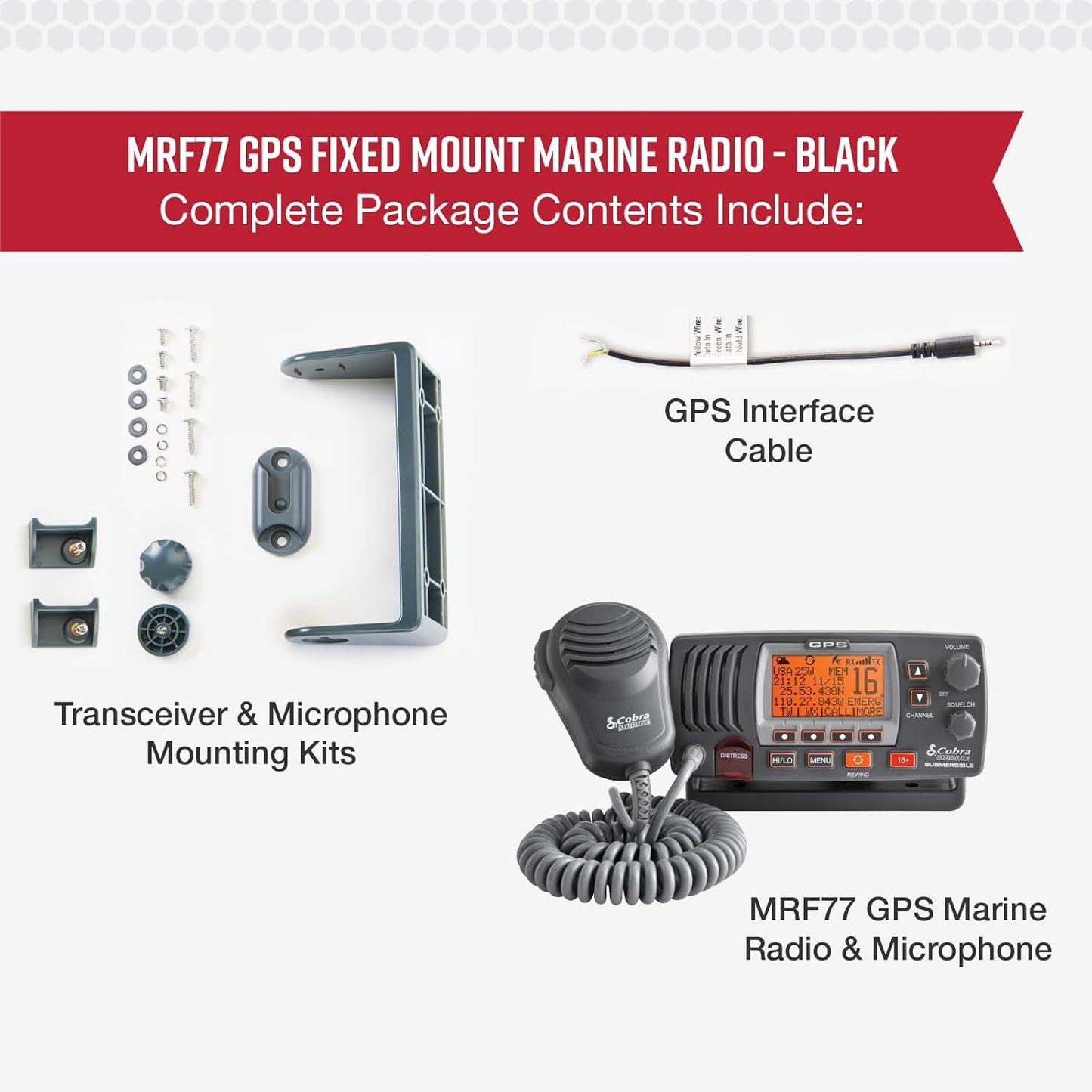 Cobra MR F77B GPS Vaste Monteer VHF Mariene Radio – 25 Watt VHF, Ingeboude GPS Ontvanger, Dompelbaar, LCD Skerm, Geraasdempende Mikrofoon, NOAA Weer, Seinsterkte Meter, Skandeer Kanale, Swart/Grys