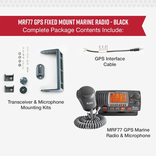 Cobra MR F77B GPS Vaste Monteer VHF Mariene Radio – 25 Watt VHF, Ingeboude GPS Ontvanger, Dompelbaar, LCD Skerm, Geraasdempende Mikrofoon, NOAA Weer, Seinsterkte Meter, Skandeer Kanale, Swart/Grys