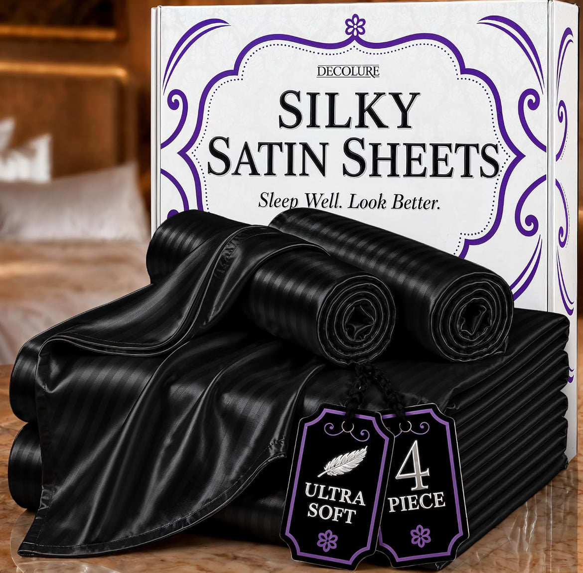 DECOLURE Satin Bed Sheets - 4 Piece Luxury Silky Queen Size Bedding Set - Softer Than Silk, Wrinkle-Free with 15” Deep Pocket Fitted Sheet, Perfect for Hair & Skin, Gifts for Women (Striped Black)