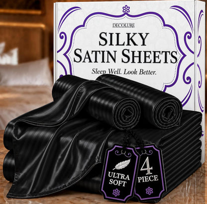 DECOLURE Satin Bed Sheets - 4 Piece Luxury Silky Queen Size Bedding Set - Softer Than Silk, Wrinkle-Free with 15” Deep Pocket Fitted Sheet, Perfect for Hair & Skin, Gifts for Women (Striped Black)