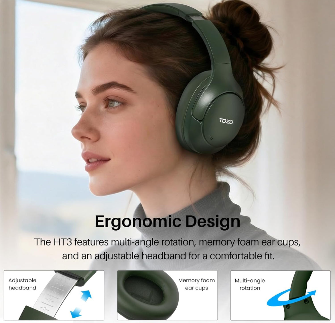HT3 Hybrid Noise Cancelling Headphones, 90H Battery Life Over Ear Bluetooth 6.0 Foldable Headset, AI Voice Assistant - Green