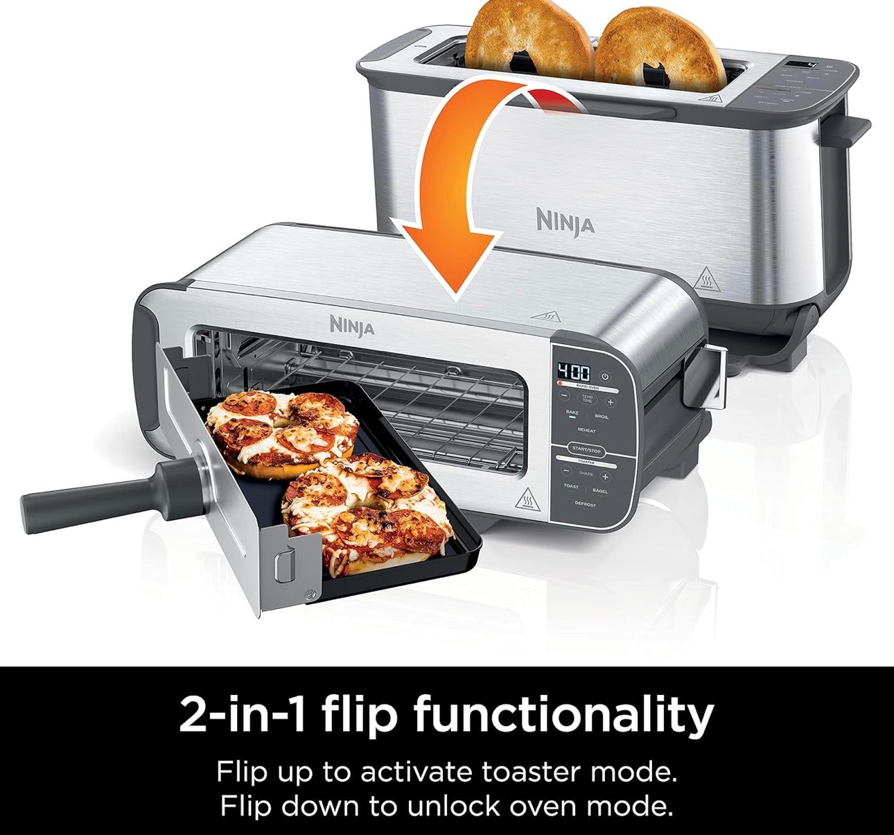 Ninja ST101 Foodi 2-in-1 Flip Toaster, 2-Slice Capacity, Compact Toaster Oven 1500 Watts, Stainless Steel - 6 Functions