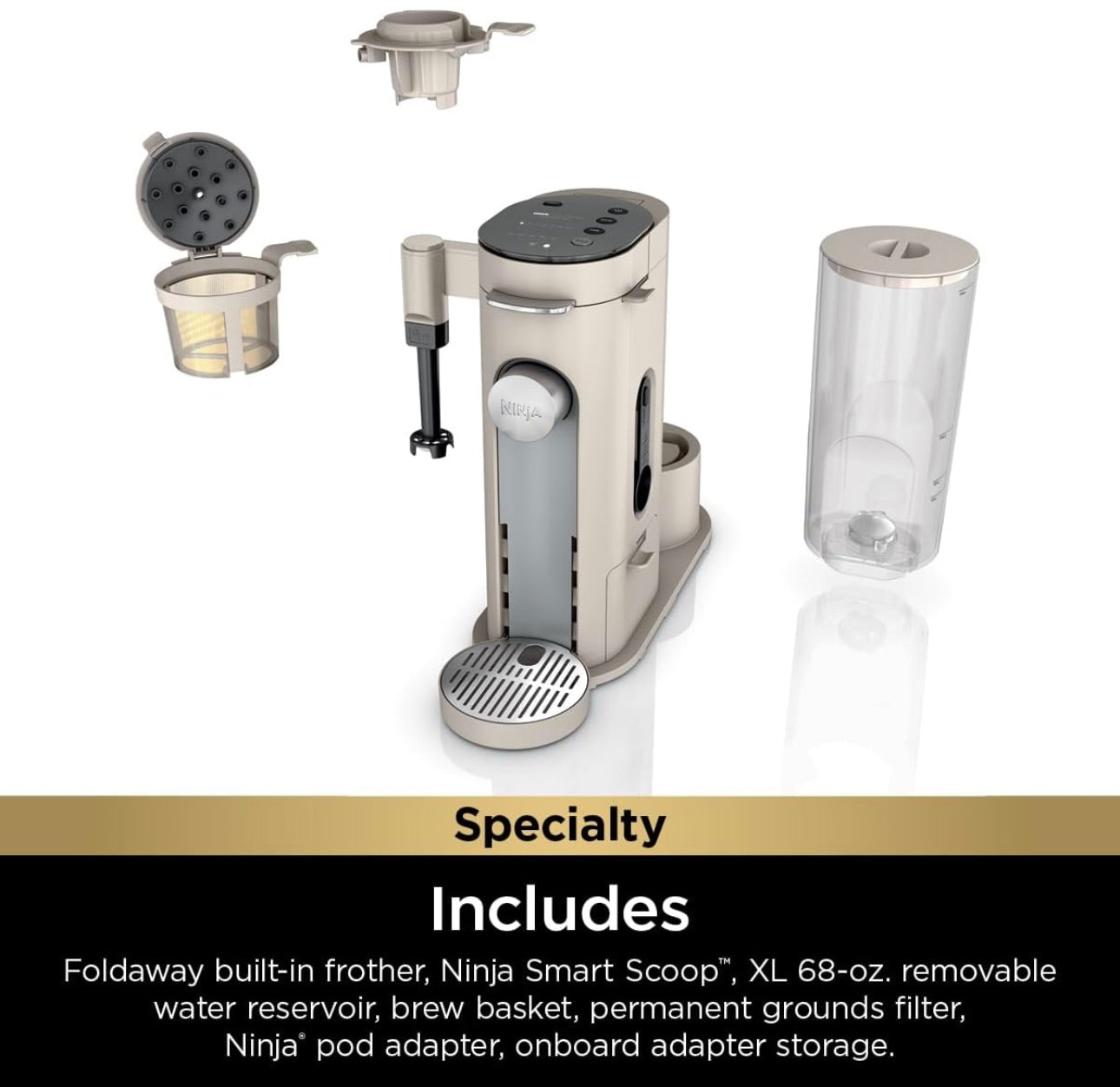 Ninja Pod & Grounds Specialty XL Single-Serve Coffee Maker, K-Cup Pod Compatible- Stone