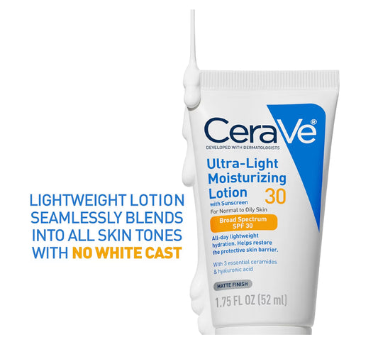 CeraVe Ultra-ligte Bevogtigende Melk met SPF 30 Geformuleer met Hialuronzuur & Smeriede - Mat Afwerking (1.7 Onse)