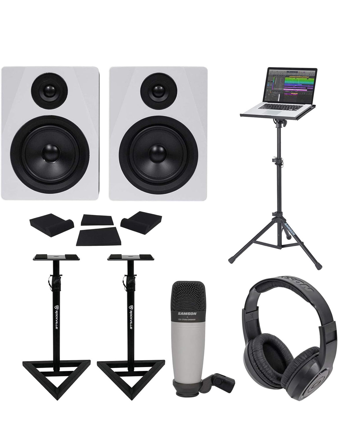Rockville (2) 5.25" 250w Powered Studio Monitors+Stands+Headphones+Mic+Foam Pads