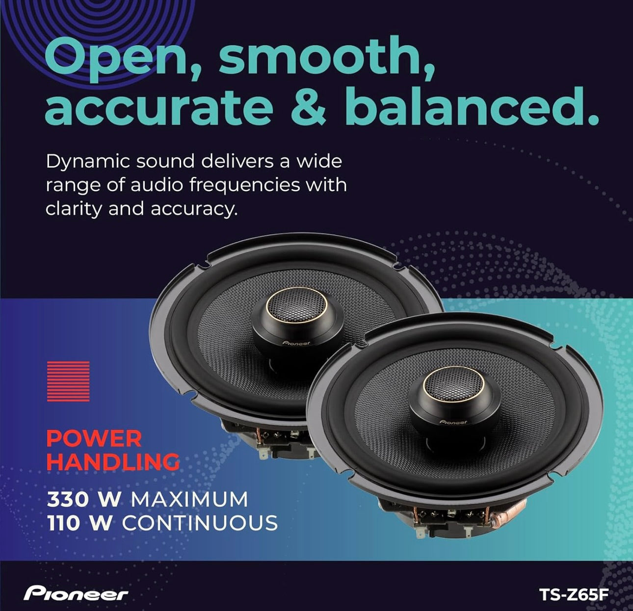 Pioneer TS-Z65F, 2-rigting koaksiale motoroudio luidsprekers, volle reeks, oop en gladde klankgehalte, maklike installasie en verbeterde bassreaksie, swart 6.5” ronde luidsprekers