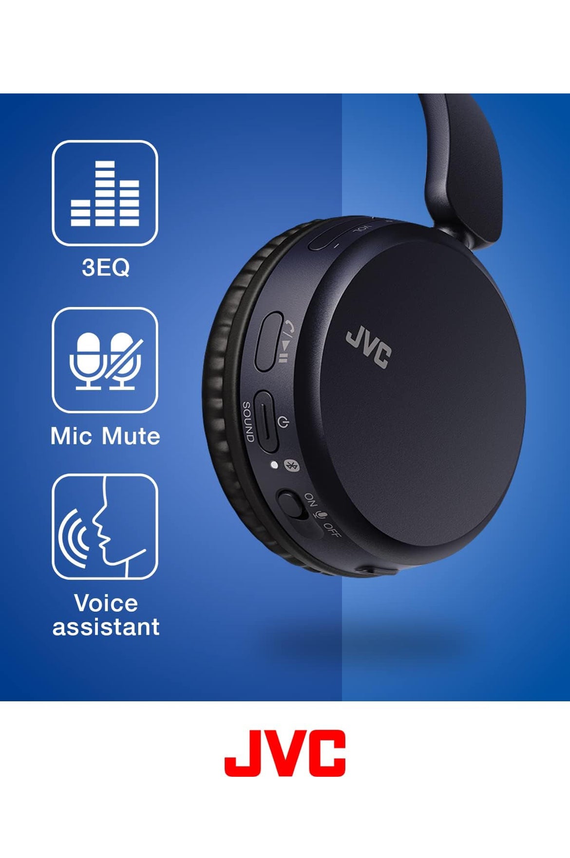 JVC Deep Bass Wireless Headphones, Bluetooth 5.2, Built-in EQ (Bass/Clear/Normal), Multi-Point Connection, Voice Assistant Compatible, 35 Hour Battery Life - HAS36WA (Blue), Small