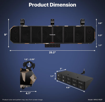 25" UTV Sound Bar, 8 Speaker ATV Sound Bar for 1.5"- 2.25" Roll Cage
600W 8-speaker system with RGB lights, FM radio, for off-road, marine and golf carts. Fits 1.5"-2.25" roll bars.