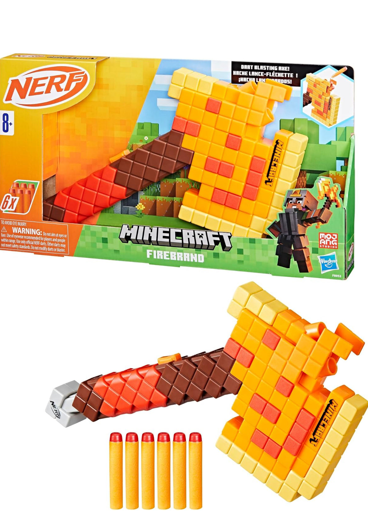 Nerf Minecraft Firebrand, Dart Blasting Axe, 6 Nerf Elite Foam Darts, Design Inspired by Minecraft Axe in The Game, Pull Down Priming, Minecraft Toys, Medium, Yellow