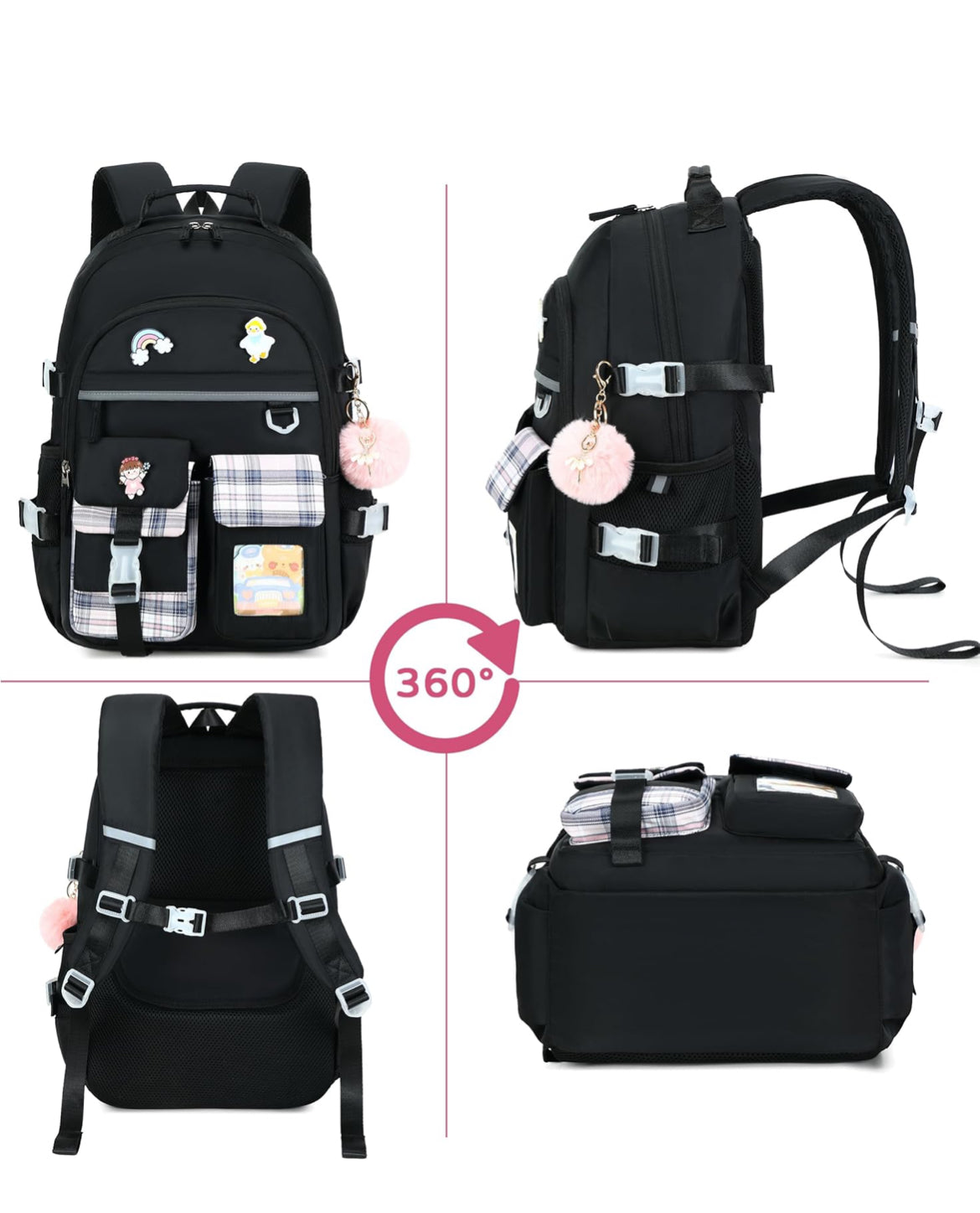 Backpack for Girls, 15.6 Inch Laptop School Bag Kids Kindergarten Elementary College Backpacks Large Bookbags for Teen Girl Women Students Casual Travel Daypacks (Black)