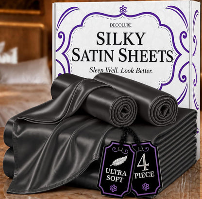 DECOLURE Satin Bed Sheets - 4 Piece Luxury Silky Queen Size Bedding Set - Softer Than Silk, Wrinkle-Free with 15” Deep Pocket Fitted Sheet, Perfect for Hair & Skin, Gifts for Women (Stone Grey)