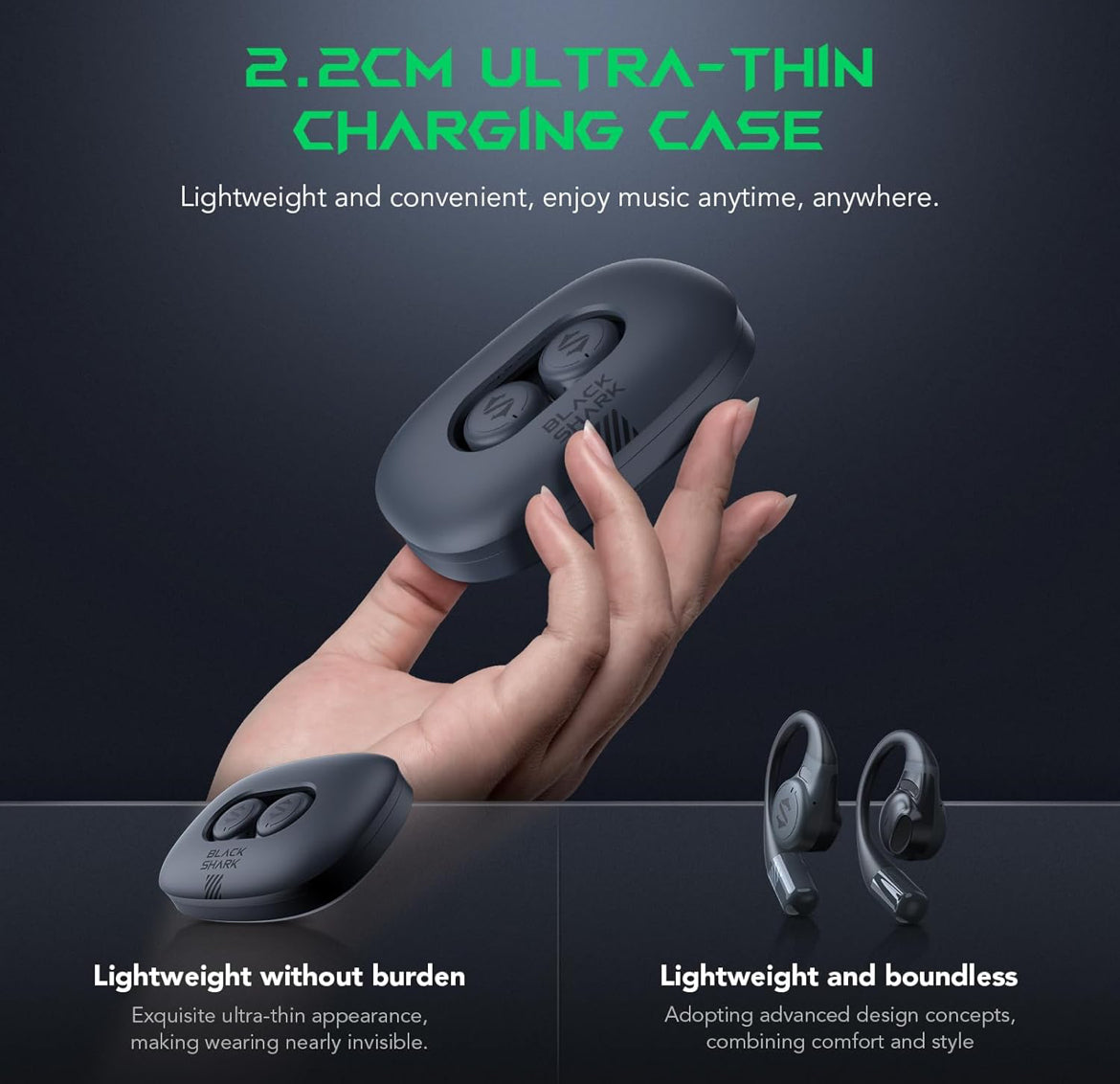 Black Shark Open Ear Headphones, Noise Canceling, Ultra-Thin Charging Case