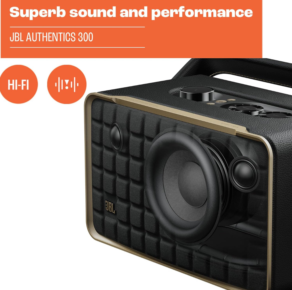 JBL Authentics 300 - Retro Style Wireless Bluetooth/WiFi Home Speaker, Built in Battery (4800mAh) - (Black/Gold)