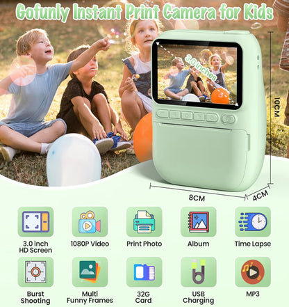 Kitsdruk-kamera 3.0" HD 32MP Kinders 1080P m/ 3 Rolletjies Drukkerpapier 32GB SD Kaart (Groen)