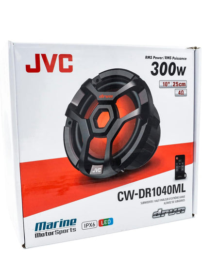 JVC CW-DR1040ML 10-duim RGB-beligting Buite Marine-/Motoroudio Subwoofer - 1 300 Watt Enkele Swart Waterdigte Bass Hardespreker vir Marine Stereoklankstelsel
