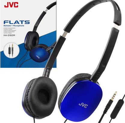 JVC Blou Plat Opvoubare Kleurvolle Flats Op-Oor-koptelefoon met Afstandbeheer en Mikrofoon, 1,2 m Goudgeplatte 3,5 mm Slanke Prop - HAS160MA, Verstelbaar