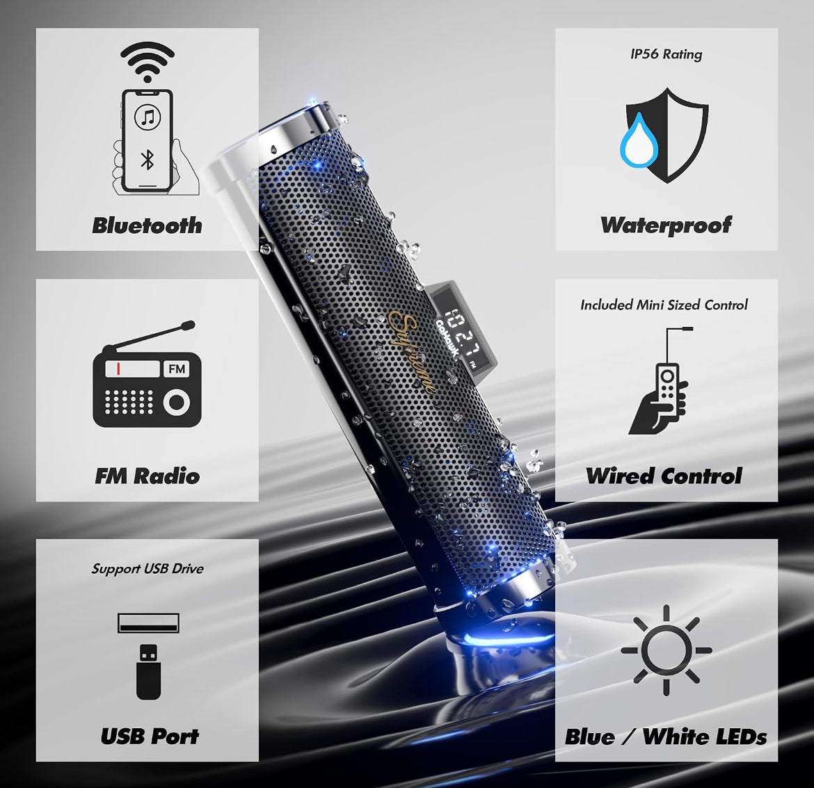 Bluetooth Motorcycle Speakers Waterproof 8-Speaker Radio 600W Aluminum Sound Bar, 4.25" External Speakers, LED light, FM Radio/USB/AUX, Remote Control, Perfect for Harley ATV