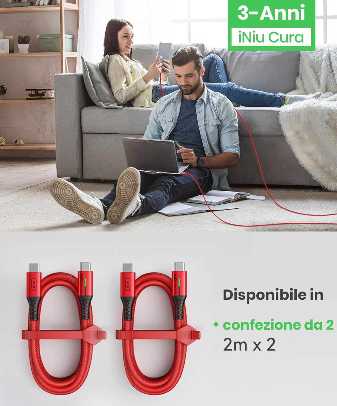 INIU USB C to USB C Cable, [6.6ft, Red] 2-Pack C Cable to C Cable for iPhone 15 Pro Max, Samsung Galaxy S22 S10 A9, MacBook Pro, iPad Air, and More