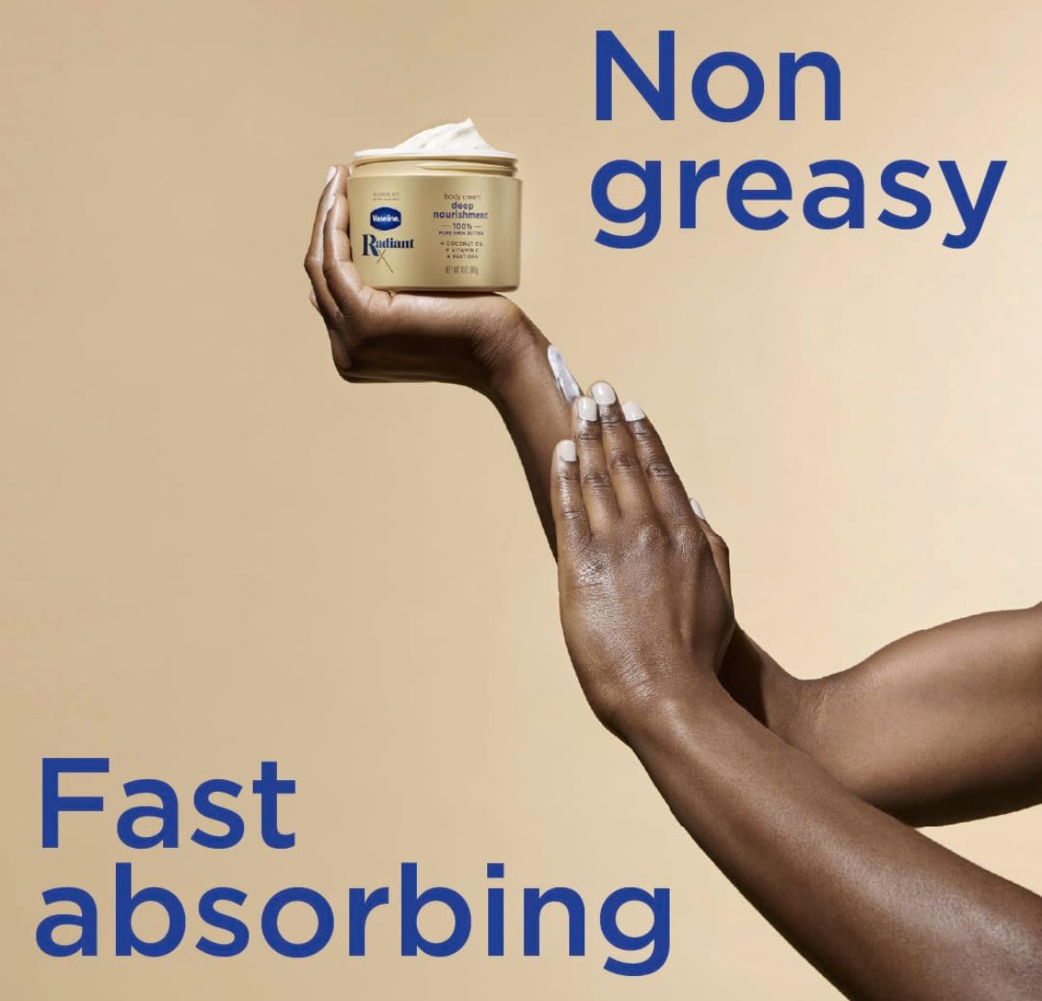 Vaseline Radiant X Deep Nourishment Body Cream 100% Pure Shea Butter, Coconut Oil, Vitamin C, & Peptides 10 oz