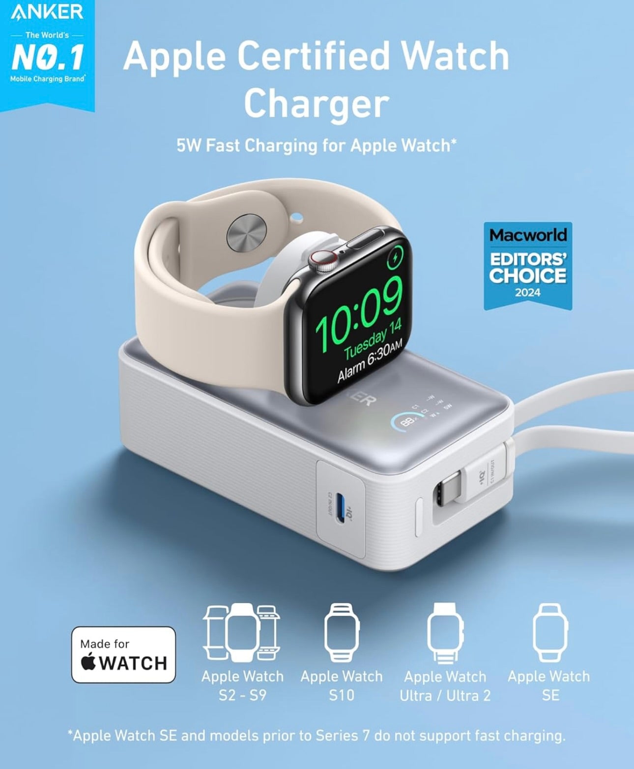 Anker MagGo Power Bank for Apple Watch, Officially Certified, 10,000 mAh Compact Battery - NEW