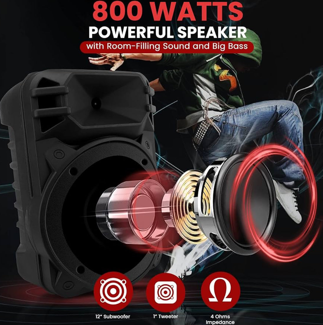 Portable Bluetooth Speaker System  12'' 800 Watts w/ Latest DJ LED Lights, USB/FM/BT/Aux/Remote Control/Mic Inputs & Built-in Rechargeable Battery