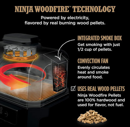 Ninja Woodfire Pro Connect Premium XL Buitenbraaier en Roker, Bluetooth, Toepassing-geaktiveer, 7-in-1 Meesterbraaier, BBQ-Roker, Buitelug-lugbraaier, Houtvuur-tegnologie, 2 Ingeboude Termometers - Swart
