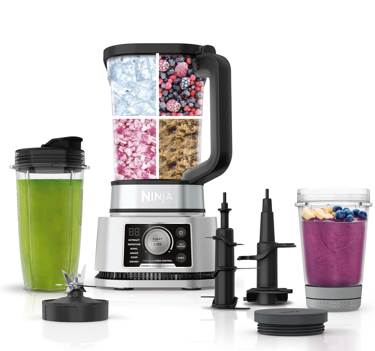 Ninja Blender For Kitchen Food Processor Combo System  Smoothie Maker & Nutrient Extractor 6 Functions 72-oz. Pitcher & To-Go Cups - Silver SS351