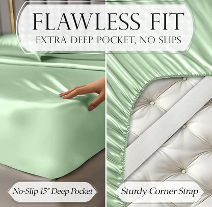 DECOLURE Satin Bed Sheets - 4 Piece Luxury Silky Queen Size Bedding Set - Softer Than Silk, Wrinkle-Free with 15” Deep Pocket Fitted Sheet, Perfect for Hair & Skin, Gifts for Women (Sage Green)