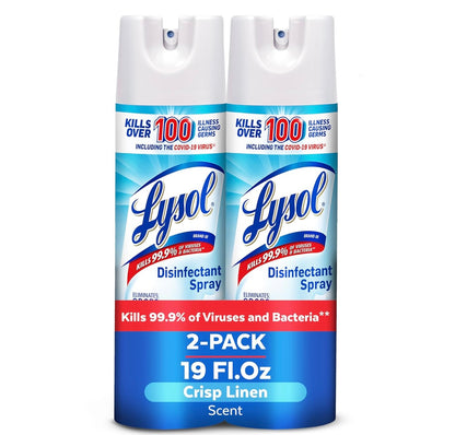 Lysol Ontsmettingsspuit, Huishoudelike Noodsaaklike Skoonmaakbenodigdhede, Veeldoelige Kamersproei, Antibakteriese Ontsmettingssproei, Bekleedselontgeurder, Huis en Badkamer, Crisp Linen, 19 Fl Oz (Pak van 2)