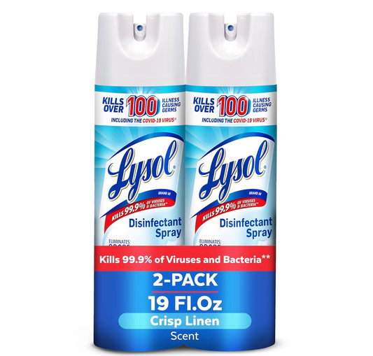 Lysol Ontsmettingsspuit, Huishoudelike Noodsaaklike Skoonmaakbenodigdhede, Veeldoelige Kamersproei, Antibakteriese Ontsmettingssproei, Bekleedselontgeurder, Huis en Badkamer, Crisp Linen, 19 Fl Oz (Pak van 2)