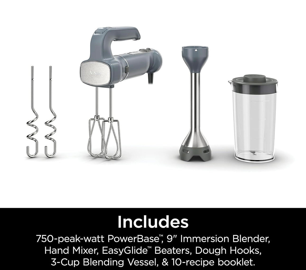 Ninja CI105BRN Foodi Power Mixer System, 750-Peak-Watt Immersion Blender and Hand Mixer - Sea Salt Gray